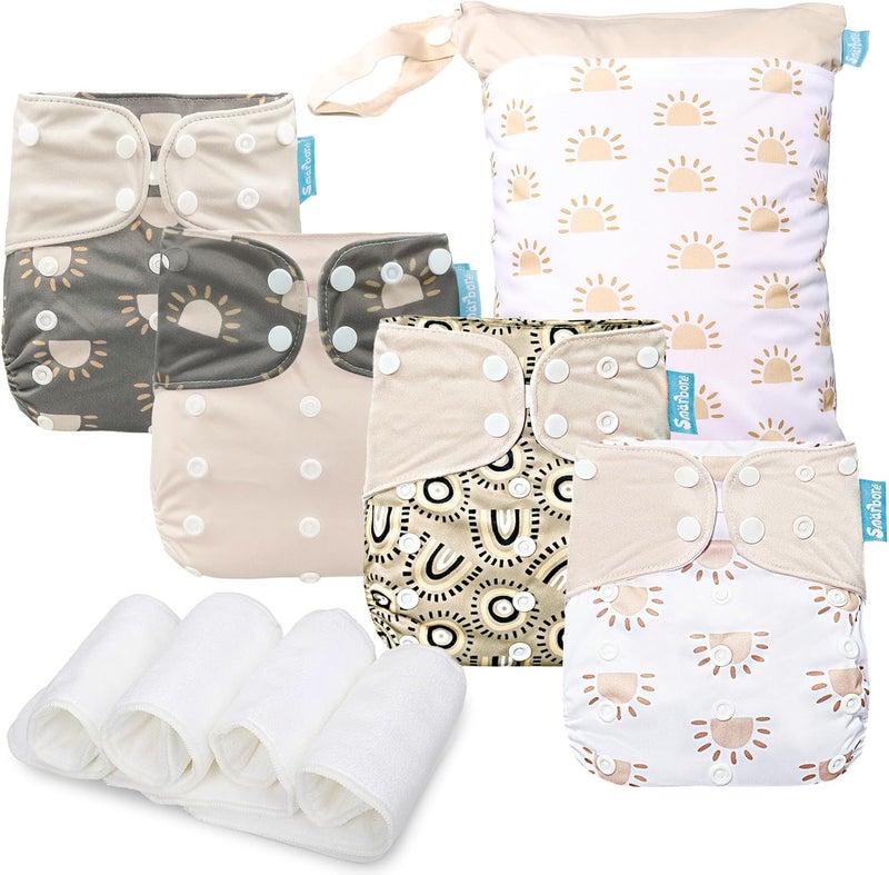 Smarbore Baby Cloth Diapers Set - 4 Pack with 4 Inserts & 1 Wet/Dry Separation Bag, Reusable Infant Toddler Nappy, Adjustable Pocket Diapers for Baby Boys and Girls (6-33 pounds, 0-3 Years) - Image 1